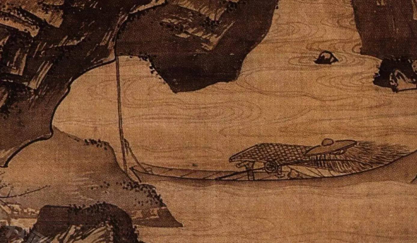 The traveller's boat moored at the mouth to the cave leading to Peach Blossom Spring. Painting by the Ming artist Zhou Chen 周臣